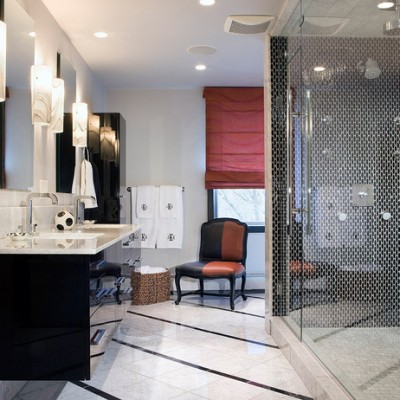Caeserstone Counters Glass Mosaic Shower