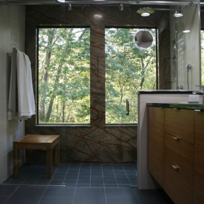 Modern Bathroom Curbless Shower Large Porcelain Rainforest Brown Slab