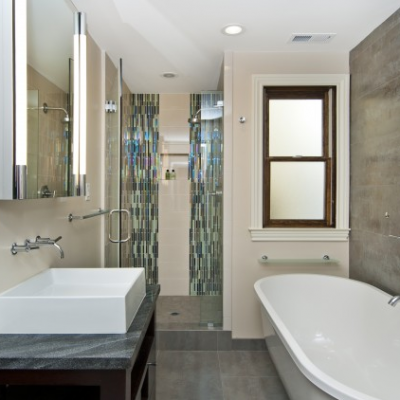 Modern Bathroom Porcelain Floor Glass Mosaic Waterfall