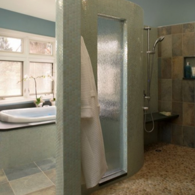 Modern Bathroom Slate Floor Pebble Shower Floor Glass Mosaic