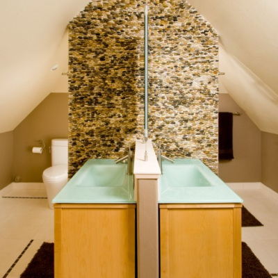 Modern His and Her Sinks Stacked Polished Pebble