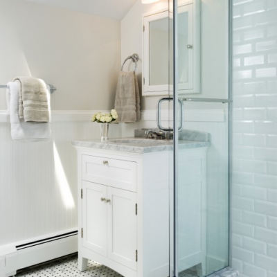 Retro Bathroom Beveled White Carrara Pinwheel Mosaic