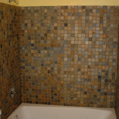 Glass and stone mosaic blend shower