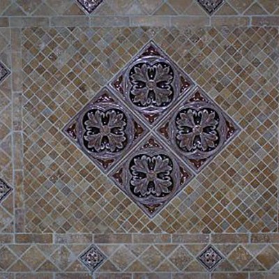 Travertine mosaics with tile insert backsplash