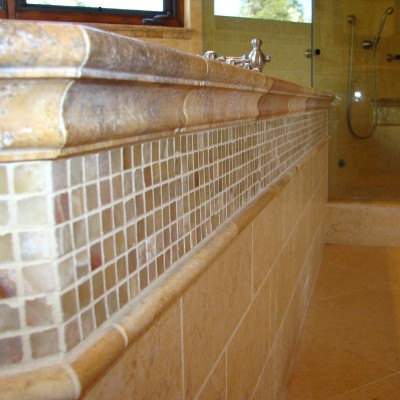 Yellow travertine with honey onyx mosaic bathroom